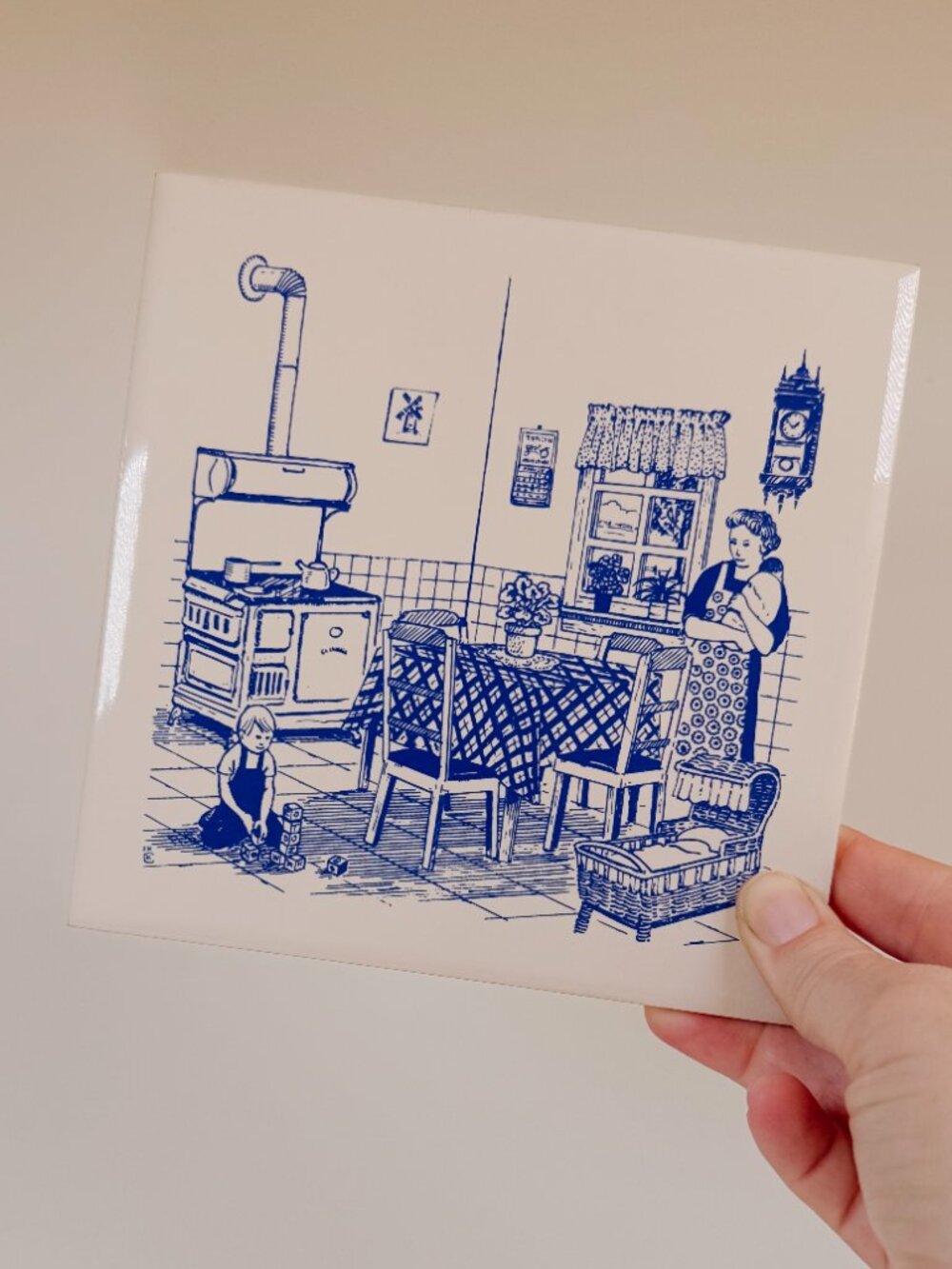Dutch Ceramic Tile 6x6 Blue and White Delft Style Kitchen Scene Vintage Wall Art